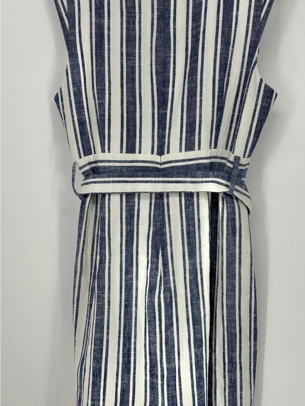 J.Crew Women’s Blue/White Striped Linen Blend Sleeveless Belted Dress - 16Tall